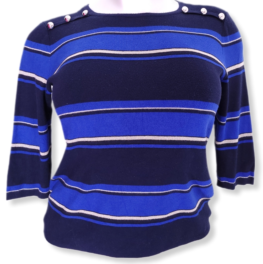 Dressbarn Womens 2X Sweater Striped Round Neck 3/4 Sleeve Pullover Buttons